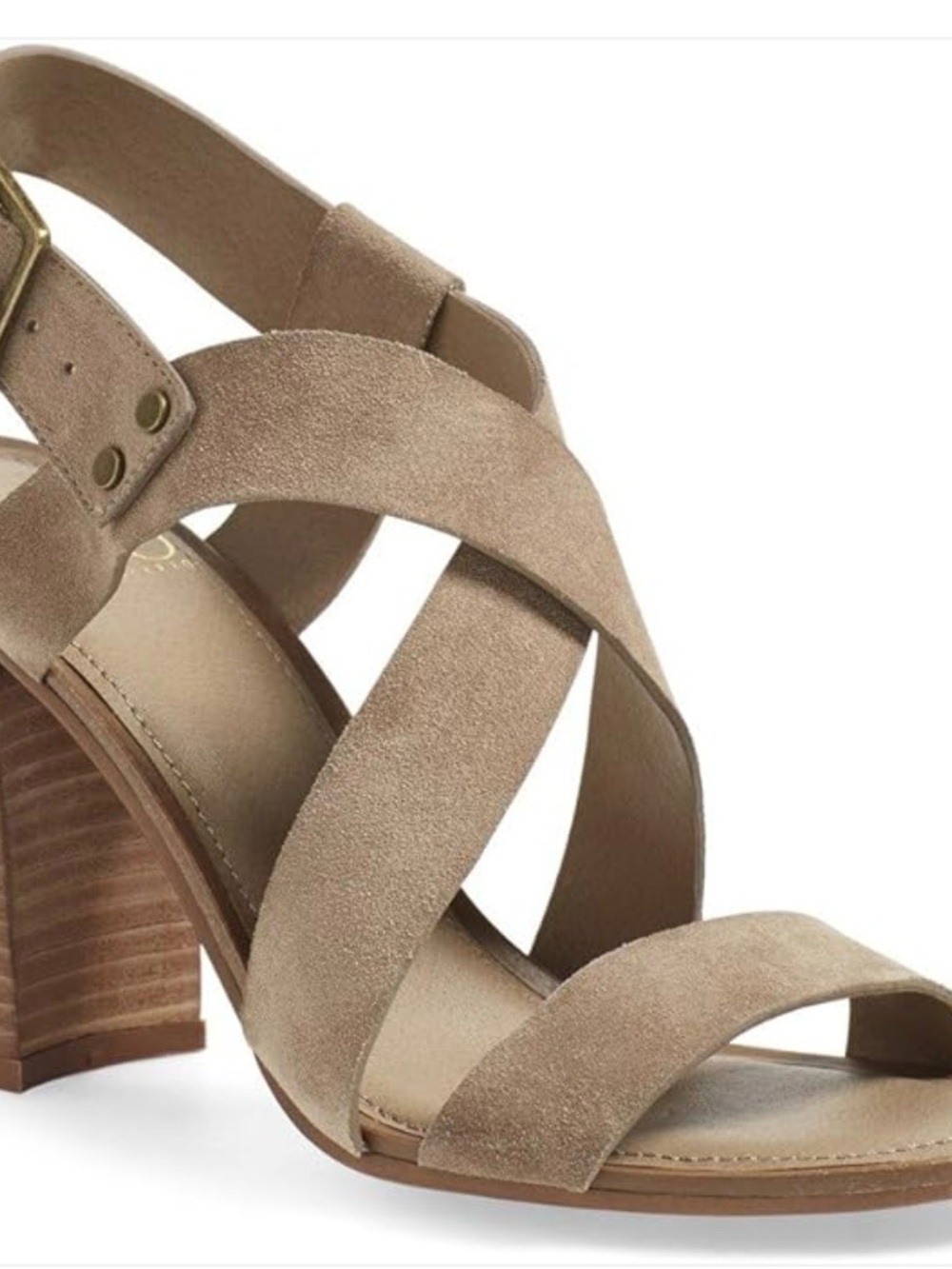 Franco Sarto Sabine- Women's Tan Suede Cross-Strap Block Heel Sandal